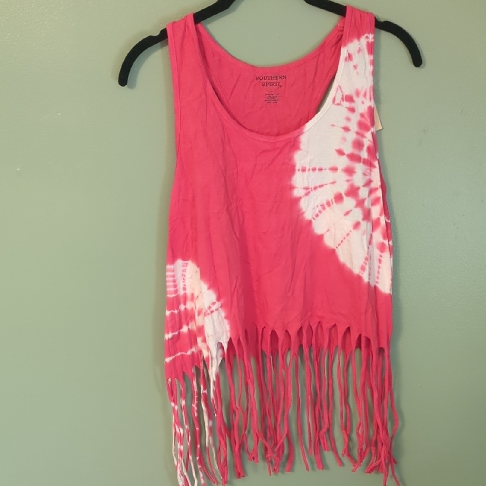Pink Tie-Dye Fringe Tank Top